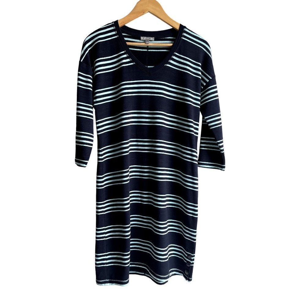 T by Talbots Blue Striped V-Neck Cotton Blend T-Shirt Dress 3/4 Sleeve Knee Leng